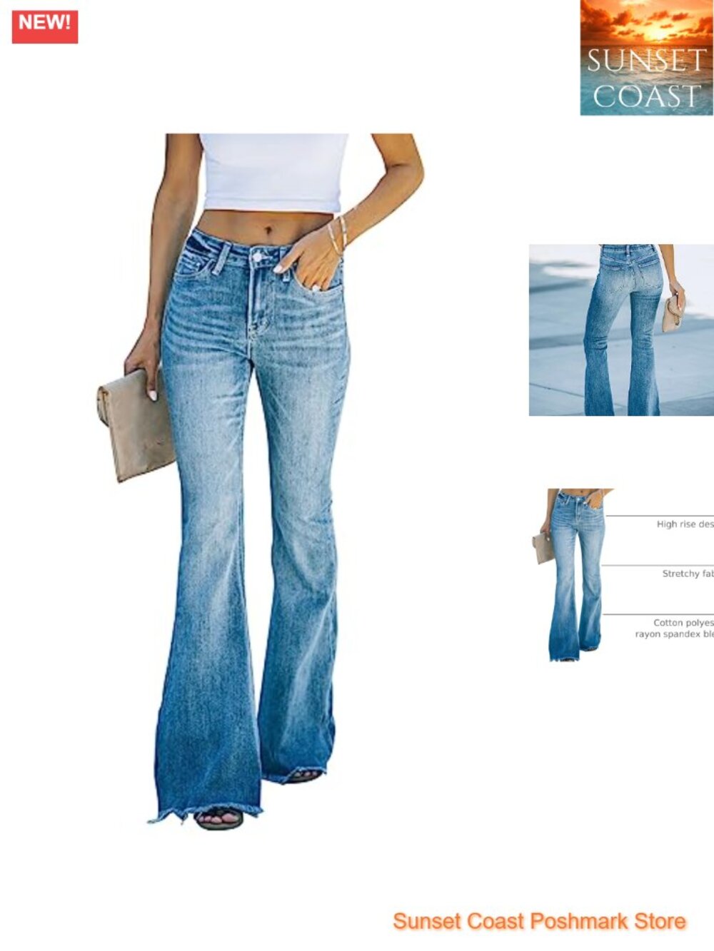 High Rise Flare Bell Bottom Jeans Wide Leg Stretchy Denim Women's